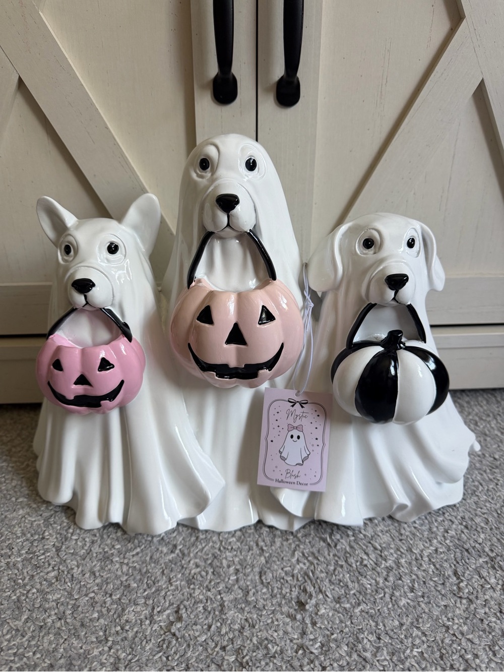 New Halloween Ghost Dogs Trio Trick or Treat with pink pumpkin Decor Viral
